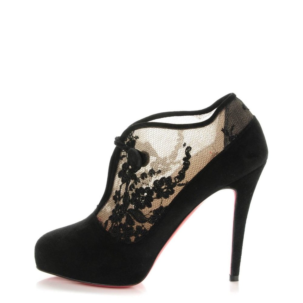 Christian Louboutin Clic Clac Black Suede and Floral Lace Booties Size 40